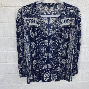 Lucky Brand Boho Cotton Navy and White Patterned Blouse sz S